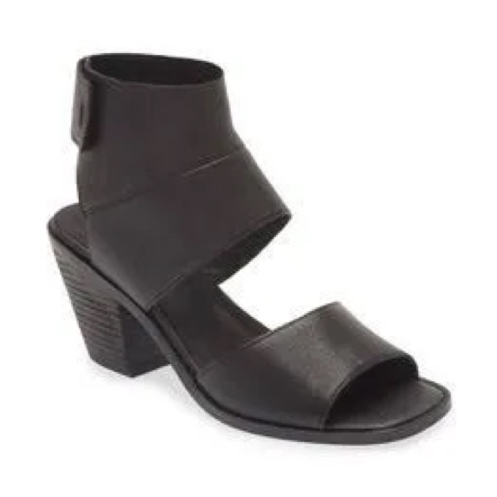 Eileen Fisher ART Leather Ankle Cuff BLOCK Heel Black Sandal 6.5